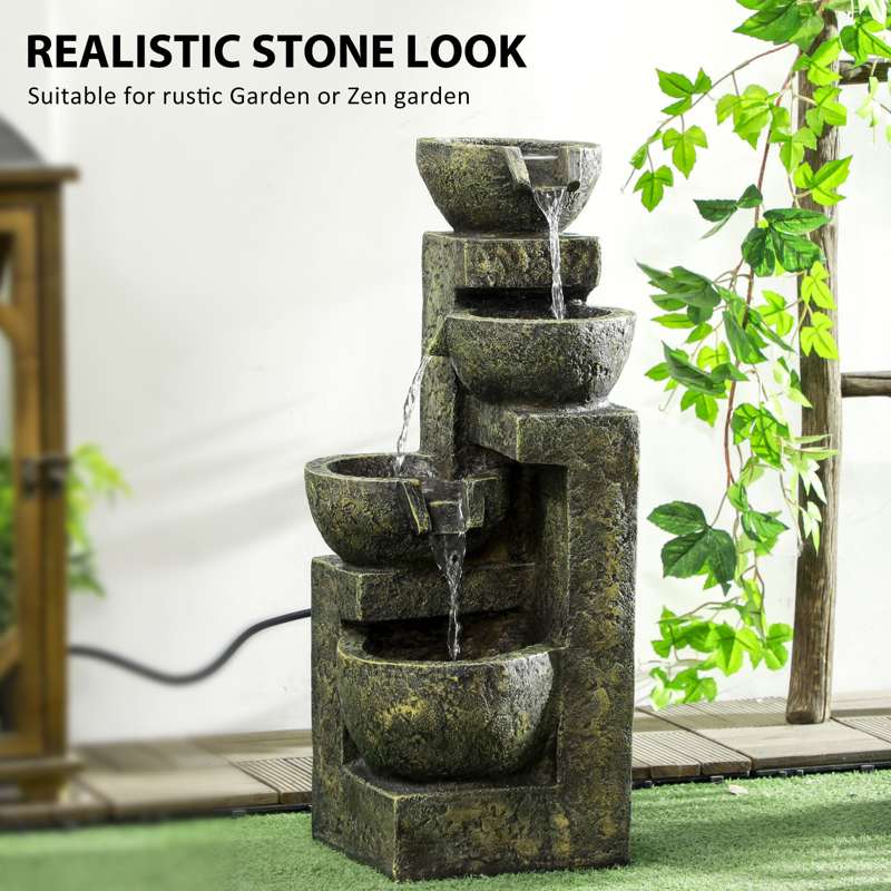 Outsunny Garden Water Feature Waterfall Fountain with 4-Tier Stone Look Bowls, Adjustable Flow, Black and Yellow