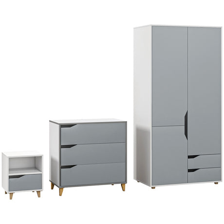 HOMCOM Bedroom Furniture Set, Wardrobe with Hanging Rail, 3 Drawer Chest of Drawers, Bedside Table with Drawer, Grey and White