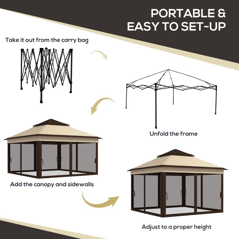 Outsunny 3 x 3(m) Pop Up Gazebo, Height Adjustable Instant Event Shelter with Netting and Carrying Bag, Beige