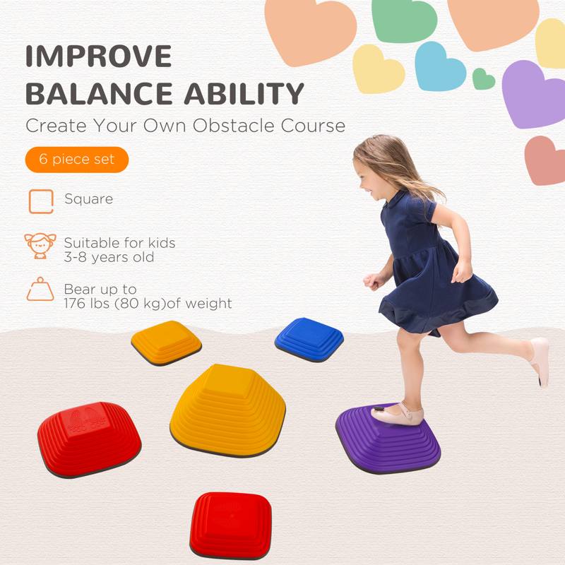 AIYAPLAY Balance Stepping Stones for Kids, 6-Piece Non-Slip Stackable River Stones, Obstacle Courses for Balance and Motor Skills