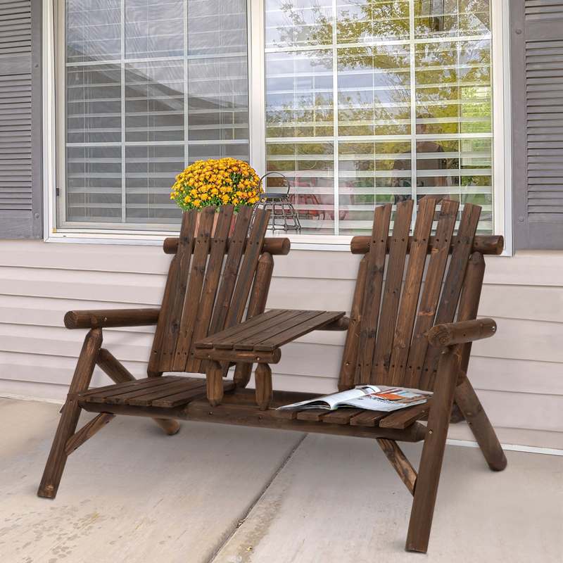 Outsunny Wood Patio Chair Bench 2 Seats Jack and Jill Seat w/ Center Coffee Table, Garden Bench, Carbonized