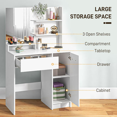 HOMCOM Dressing Table with Mirror and Stool, Vanity Table, Modern Makeup Desk with Drawer, Storage Cabinet and Adjustable Shelf for Bedroom, White