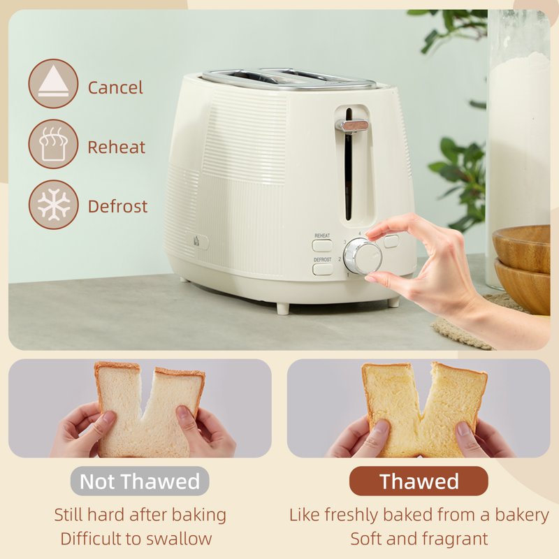 HOMCOM Kettle and Toaster Set, 1.7L 3000W Fast Boil Kettle & 2 Slice Toaster Kitchen Set with 7 Level Browning Controls, Defrost, Reheat, Boil-dry Protection, Cream White