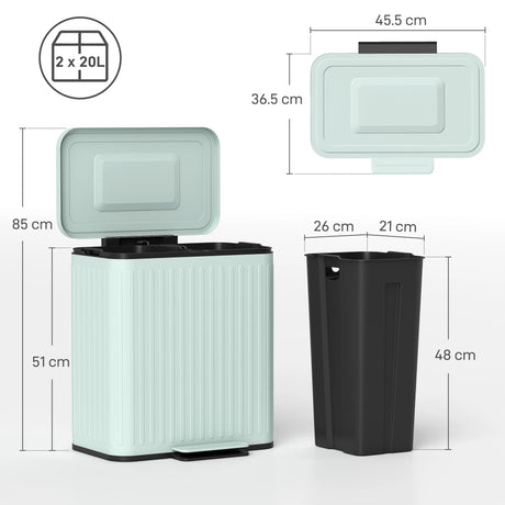 HOMCOM Dual Kitchen Bin, 2 x 20L Double Bin for Recycling and Waste, Fingerprint-proof Pedal Bin with Soft-Close Lid, Removable Inner Buckets, Green