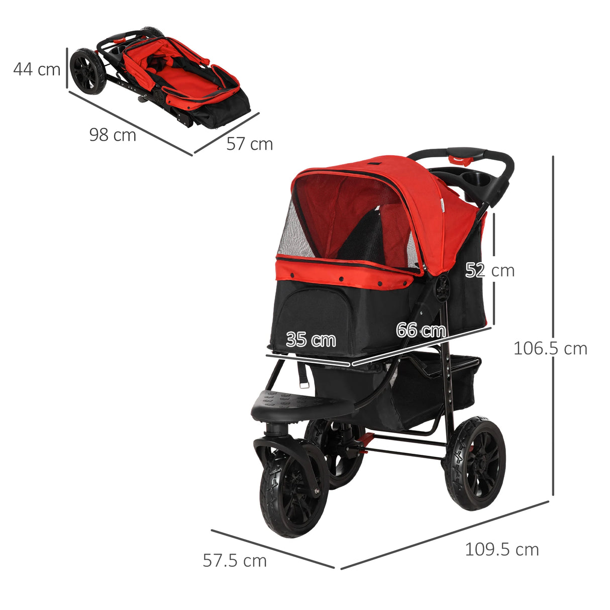 PawHut Dog Stroller Foldable Pet Pram, 3 Wheels Dog Pushchair with Brake, for Small Dogs & Cats, Red