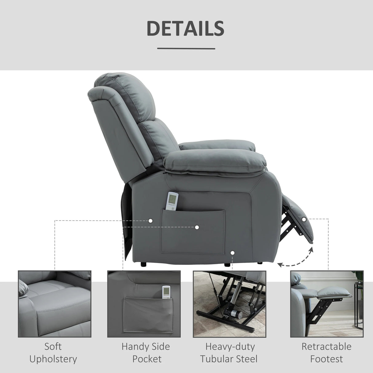 HOMCOM Riser and Recliner Chair with Massage, Heat, Power Lift Recliner Chair for Elderly with Remote Control, Extended Footrest, Dual Side Pockets, Overstuffed Electric Reclining Armchair, Grey