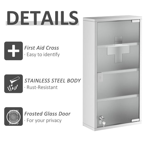 HOMCOM 4 Tier Stainless Steel Wall Mounted Medicine Cabinet Glass Lockable Door Storage Shelves Houseware Bathroom Furniture 60Hx30Wx12D(cm) w/2 Keys