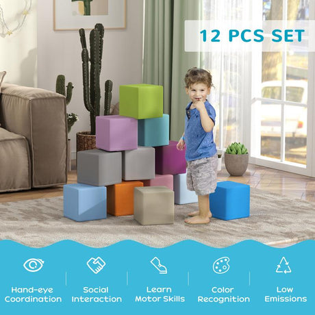 HOMCOM 12 PCs Soft Play Blocks, Soft Foam Toy, Building and Stacking Blocks for Kids, Blue