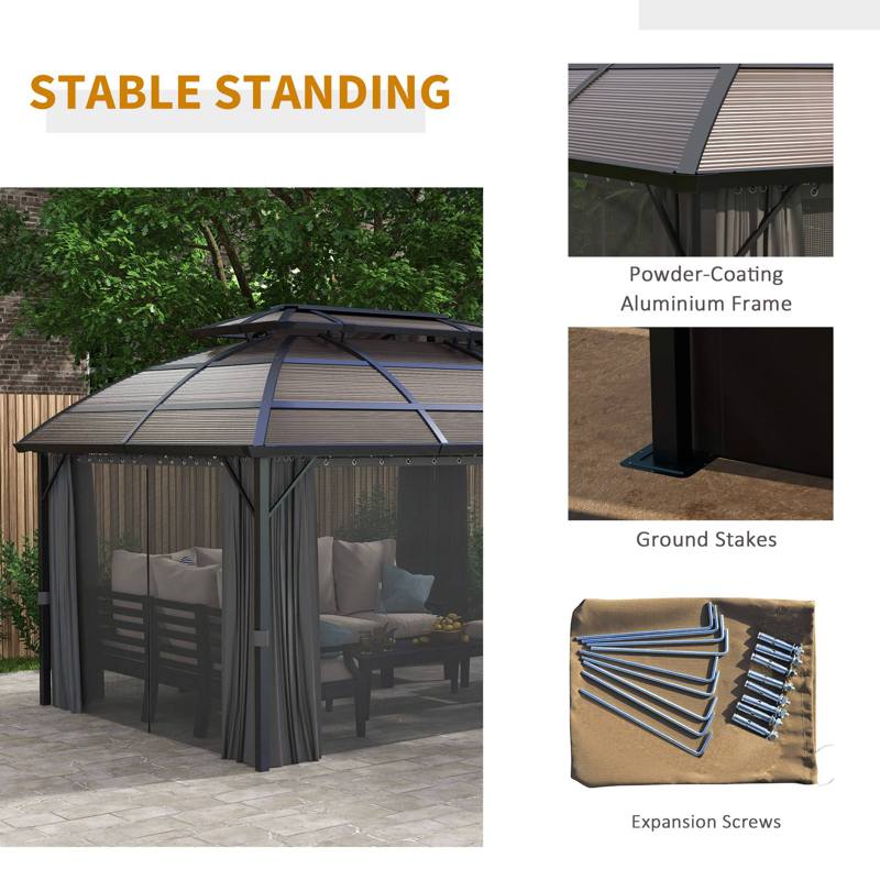 Outsunny 4 x 3m Aluminium Frame Hard Gazebo, with Accessories - Brown