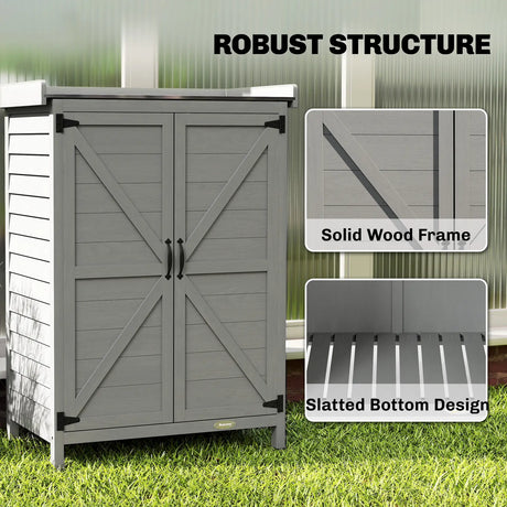 Outsunny Wooden Garden Shed, Garden Tool Storage Shed with Shelf and Side Hooks, 71.5 x 39 x 95 cm, Grey