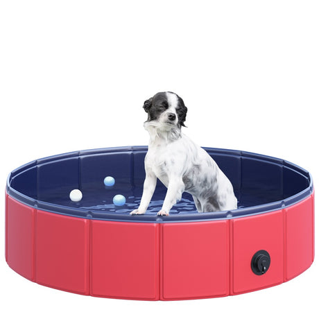 PawHut Foldable Dog Paddling Pool Pet Cat Swimming Pool Indoor/Outdoor Collapsible Summer Bathing Tub Shower Tub Puppy Washer (Φ80 × 20H cm, Red)