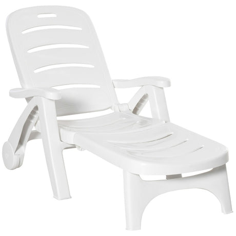 Outsunny Outdoor Folding Sun Lounger Recliner on Wheels w/ 5-Position Backrest, White