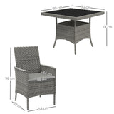 Outsunny Rattan Garden Furniture Set, Outdoor Dining Table and Chairs 4 Seater with Cushions, Square Tempered Glass Top, 4 Armchairs, for Balcony, Terrace, Conservatory, Grey