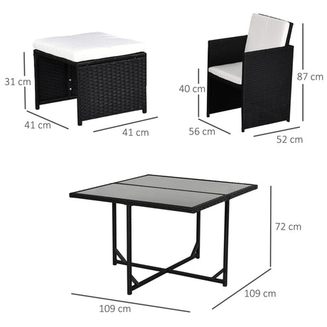 Outsunny 9 Piece Rattan Cube Garden Furniture Dining Set with Armchairs, Footstools and Glass-Top Table, Black