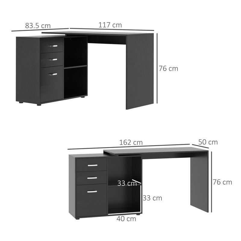 HOMCOM L-Shaped Computer Desk, 2 Shaped Corner Desk with Drawers, File Cabinet and Storage Shelves, Home Office Desk, 117 x 83.5 x 76cm, Black