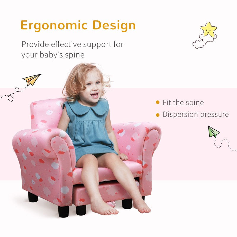 HOMCOM Toddler Chair Children's Armchairs Wood Frame w/ Footrest Anti-Slip Legs High Back Arms for Bedroom Playroom Cute Cloud Star Pink