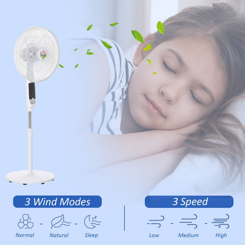 HOMCOM 16'' Pedestal Stand Fan, 3 Speed 3 Mode, 85 Oscillation, LED Panel, 3M Remote Controller, Height Adjustable for Living Room, Bedroom, Garage, Office, Black and White