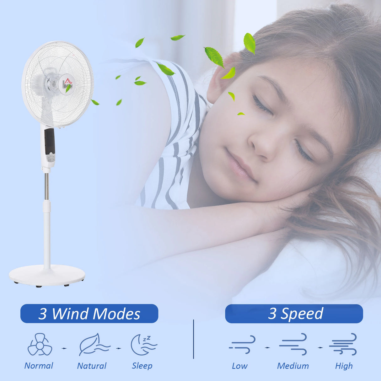 HOMCOM 16'' Pedestal Stand Fan, 3 Speed 3 Mode, 85 Oscillation, LED Panel, 3M Remote Controller, Height Adjustable for Living Room, Bedroom, Garage, Office, Black and White