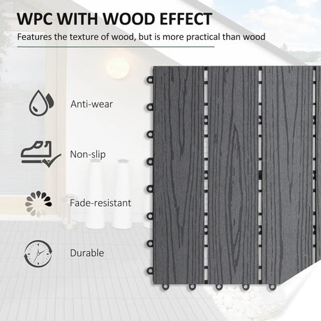 Outsunny WPC Interlocking Decking Tiles, Pack of 11 Interlocking Patio Paving Slabs, 30 x 30 x 2.2 cm, Grey