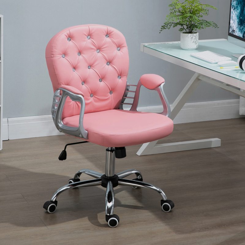 Vinsetto Office Chair Ergonomic 360 Swivel PU Diamante Padded Base 5 Castor Wheels for Home Work Pink
