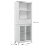 HOMCOM Tall Kitchen Cupboard, Kitchen Unit with Tempered Glass Doors, Drawer, Open and Adjustable Shelves and Cushioned Hinges, Dining Room Living Room