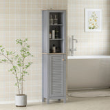 kleankin Bathroom Floor Storage Cabinet with 3 Tier Shelf and Cupboard with Door, Free Standing Linen Tower, Tall Slim Side Organizer Shelves, Grey