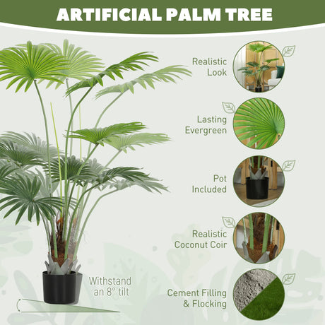 HOMCOM 145cm Artificial Palm Tree, Decorative Artificial Plant with Lifelike PEVA Leaves and Coconut Coir, Fake Tree with Plastic Pot and Flocking for Home Office Decor, Green