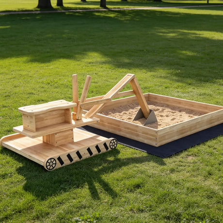 AIYAPLAY Wooden Sand Pit with Digger, Kids Sandbox Outdoor, SandPit with 360 Swivel Seat and Bottom Liner