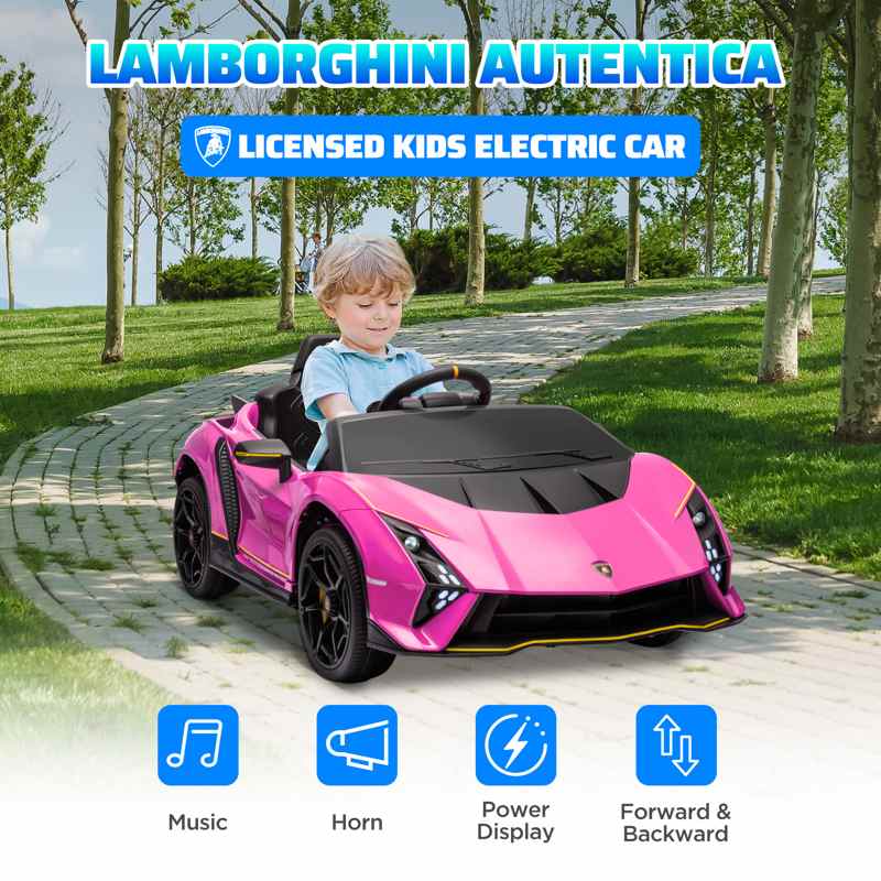 AIYAPLAY 12V Lamborghini Autentica Licensed Kids Electric Car with Remote Control, 4 Suspension Wheels, Soft Start, Pink