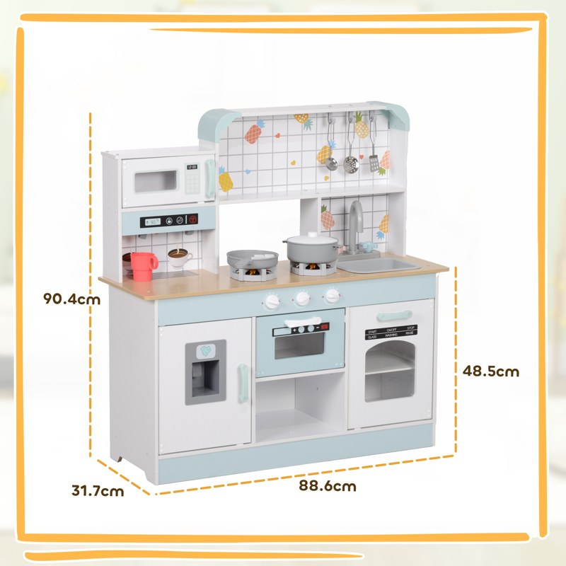 AIYAPLAY Toy Kitchen, Pretend Role Play Kitchen with Hob, Sound and Light, Coffee Machine, Ice Maker, Microwave