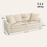 HOMCOM Modern 3 Seater Sofa with Spring Cushion, 212 cm Fabric Jumbo Cord Sofa Couch with 2 Scatter Cushions, Upholstered Corduroy Settee for Living Room, Bedroom, Home Office, Cream White