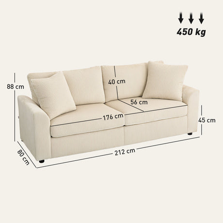 HOMCOM Modern 3 Seater Sofa with Spring Cushion, 212 cm Fabric Jumbo Cord Sofa Couch with 2 Scatter Cushions, Upholstered Corduroy Settee for Living Room, Bedroom, Home Office, Cream White