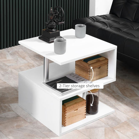 HOMCOM Wooden S Shape Cube Coffee Table 2 Tier Storage Shelves Organizer Office Bookcase Living Room End Desk Stand Display Set of 2 (White)