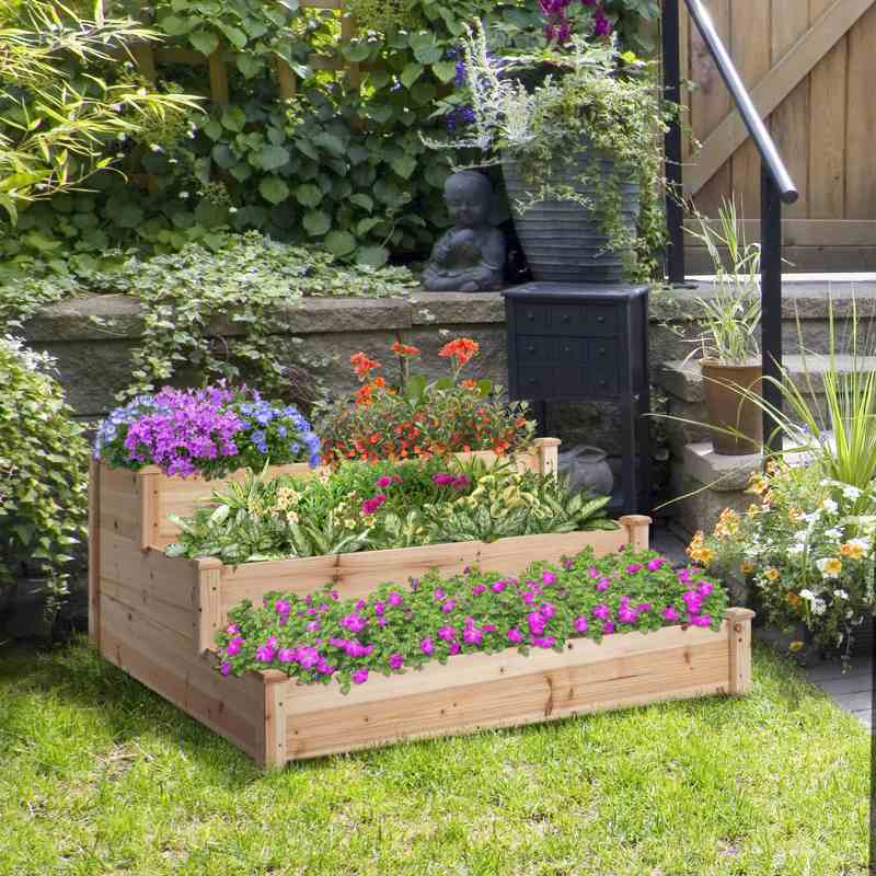 Outsunny 470L Raised Garden Bed, 3-Tier Planter Kit, Elevated Wooden Planters for Garden, Yard & Patio, 124 x 124 x 56 cm