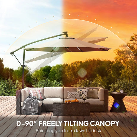 Outsunny 3 m Garden Cantilever Parasol with LED Solar Light, Round Overhanging Umbrella with 360 Rotation, Cover, Grey