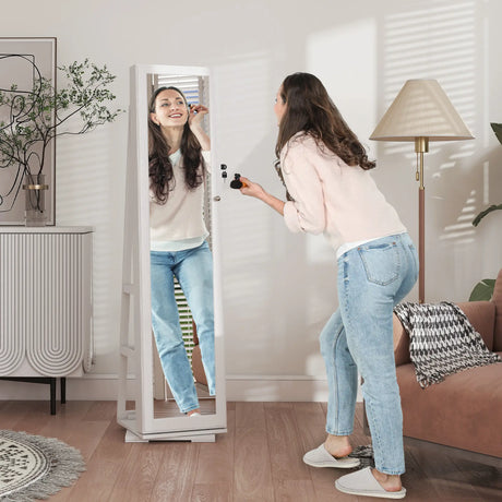 HOMCOM 360 Swivel Jewellery Cabinet, Free Standing Full Length Mirror with Storage, Lockable Jewellery Organiser with Built-in Makeup Mirror and Storage Shelves for Bedroom, White