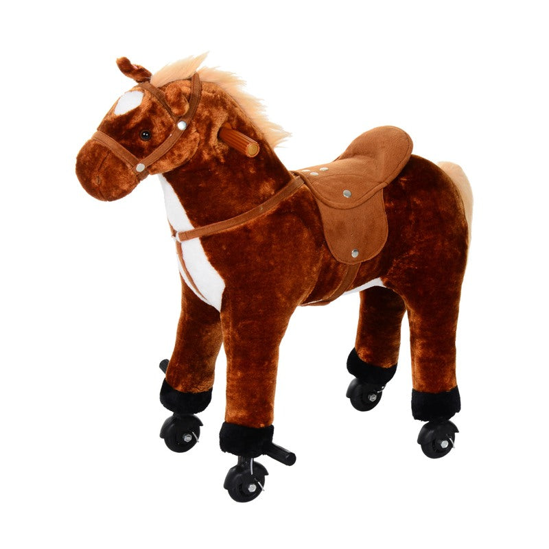 HOMCOM Plush Walking Horse Ride On Toy with Wheels and Realistic Sounds Rocking Horse for Girls Boys 3+ Years Old, 50cm Tall, Brown