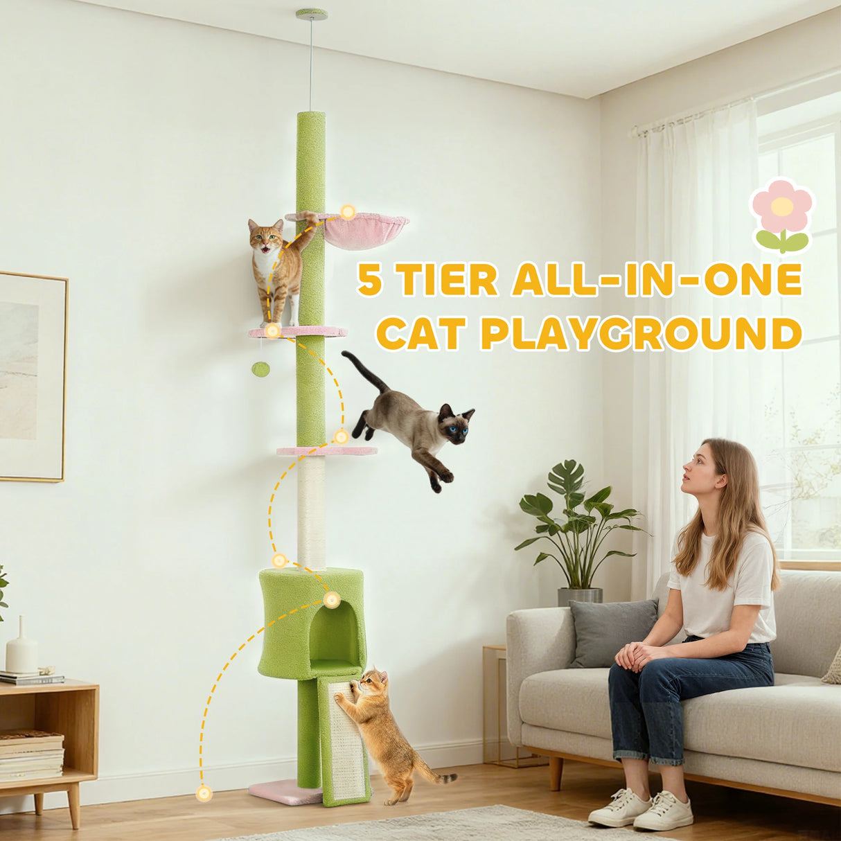 PawHut 220-240 cm Floor to Ceiling Cat Tree Adjustable Height with Hammock, Condo, Scratching Posts, Green