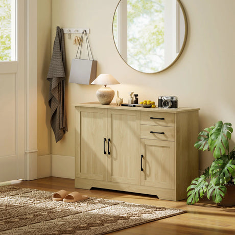 HOMCOM Sideboard with 2 Drawers Modern Storage Cabinet, Kitchen Cupboard with Adjustable Shelf and 3 Doors Natural