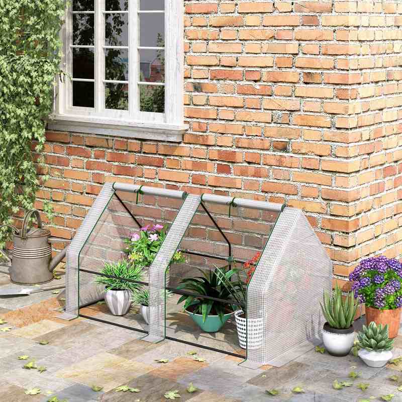 Outsunny Mini Small Greenhouse with Steel Frame & PE Cover & Zipped Window Poly tunnel Steeple for Plants Vegetables, 180 x 90 x 90 cm, White