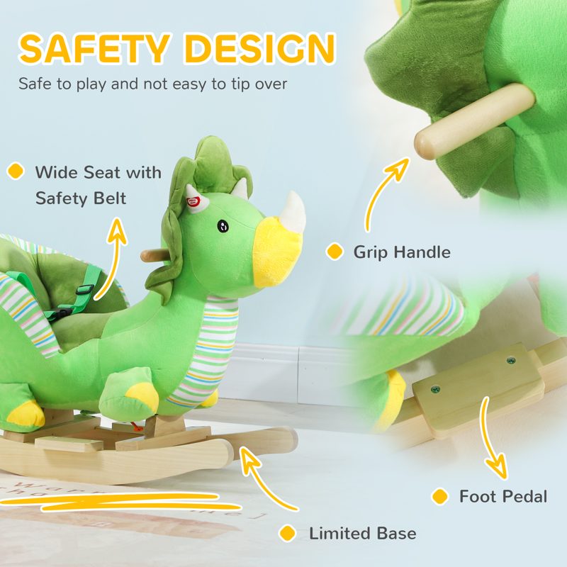 AIYAPLAY Baby Rocking Dinosaur with Animal Sounds, Safety Belt, Wooden Base, for Toddlers 18-36 Months, Green