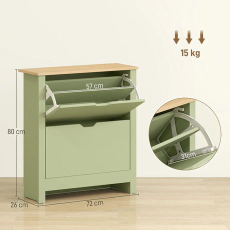 HOMCOM Slim Shoe Cabinet, Narrow Shoe Cupboard with 2 Flip Drawers, Adjustable Shelves for 12 Pairs of Shoes, Green