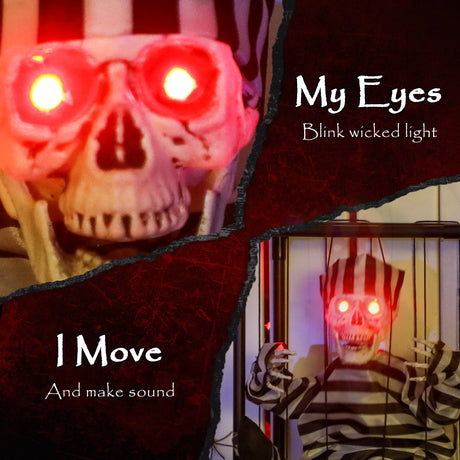 Outsunny Halloween Animated Hinging Skeleton Prisoner in Cage with Glowing LED Eyes, Spooky Skeleton Scary Halloween Decorations, Battery Operated, Indoor Party Props
