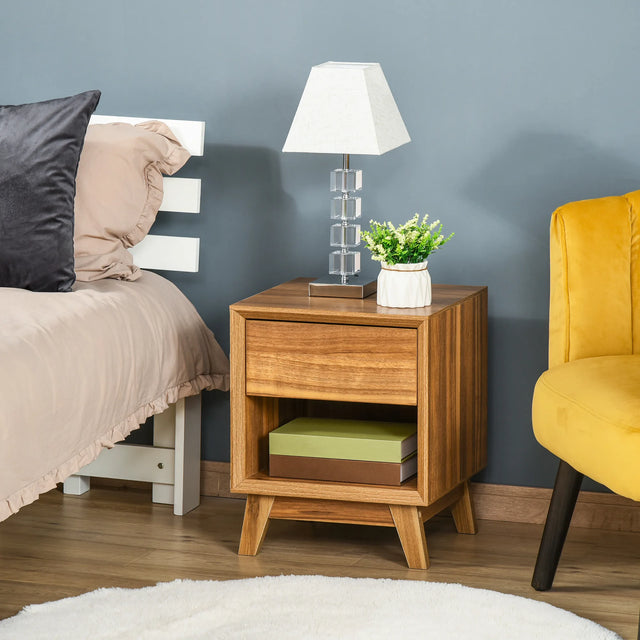 HOMCOM Modern Bedside Table Nightstand, Living Room End Table, Side Table with Drawer and Shelf, Walnut Brown