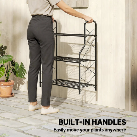 Outsunny 3-Tier Metal Plant Stand, Heavy Duty Ladder Shelf Potted Plants Display Rack, Indoor Outdoor Flower Pot Holder