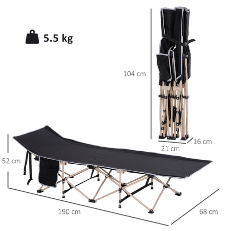 Outsunny Single Person Camping Bed Folding Cot Outdoor Patio Portable Military Sleeping Bed Travel Guest Leisure Fishing with Side Pocket and Carry Bag - Black