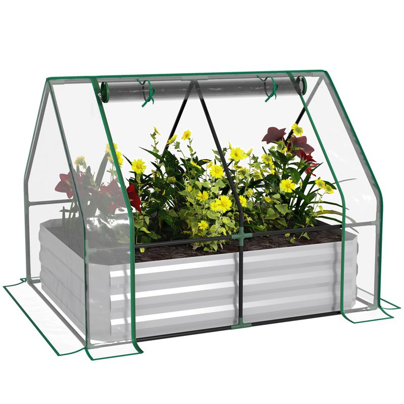 Outsunny Raised Garden Bed with Greenhouse, Steel Planter Box with Plastic Cover, Roll Up Window, Dual Use for Flowers, Vegetables, Fruits and Herbs, 127L x 95W x 92H cm, Clear