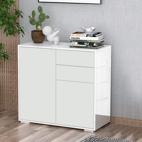 HOMCOM High Gloss Frame Sideboard, Side Cabinet, Push-Open Design with 2 Drawer for Living Room, Bedroom, White