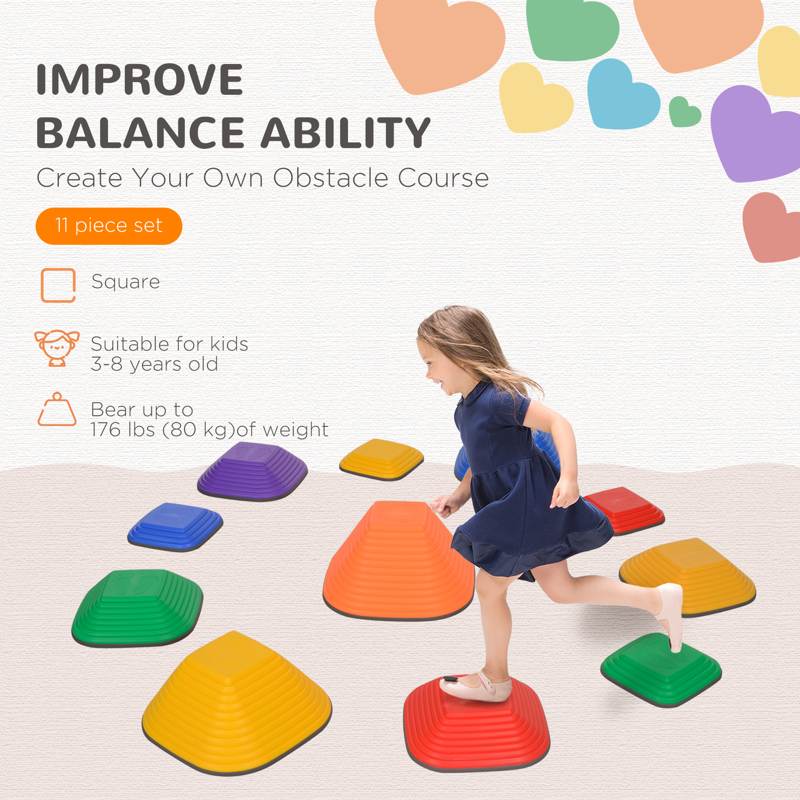 AIYAPLAY Balance Stepping Stones for Kids, 11Piece Non-Slip Stackable River Stones, Obstacle Courses for Balance and Motor Skills