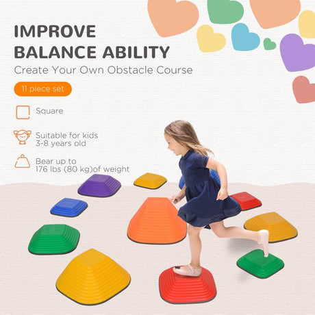 AIYAPLAY Balance Stepping Stones for Kids, 11Piece Non-Slip Stackable River Stones, Obstacle Courses for Balance and Motor Skills